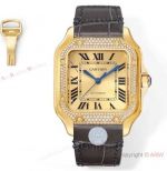 Swiss Copy Cartier Women Santos THB Miyota-9015 Golden Dial Black Leather Watches